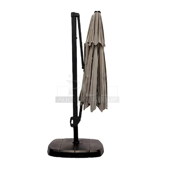 SimplyShade 11-ft 42-LED Light Cantilever Umbrella with Base, Solar/AC Powered. Color: Greige. Includes: 120 volt AC Adapter Cord. 360-Degree pivoting Hub W/ Foot Pedal To Swing Canopy Horizontally. 11-ft x 11-ft x 8.32-ft - Image 8 of 12