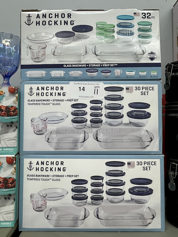 KITCHEN STORAGE!! (2) Rubbermaid Take Alongs 24pc Seets; (2) Anchor Hocking 32pc Tempered Tough Glass Bakeware – Storage – Prep Set; (1) Anchor Hocking 30pc Tempered Tough Glass Bakeware – Storage – Prep Set; (1) 3-pc Ceramic Storage Containers With Spoons, (1) Set Of Three Glasses. - Image 4 of 5