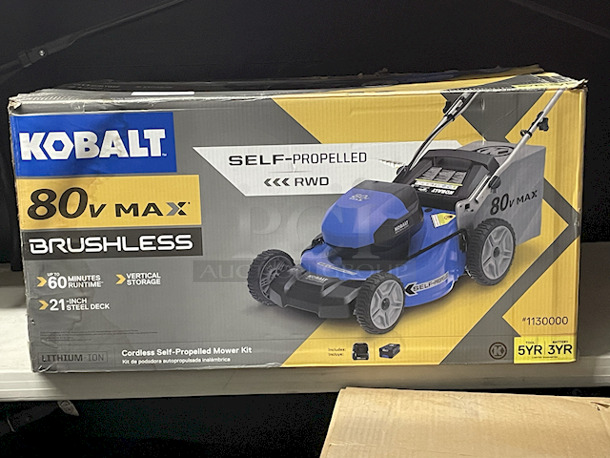 NEW/NEVER USED!! Kobalt 80v Max Brushless Cordless Self-Propelled Mower Kit. Kit Includes: Mower, Charger & 80volt 6 Ah Lithium Ion Battery.  - Image 1 of 4