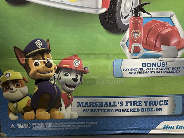 NEW!! Kid Trax Nickelodeon Paw Patrol Marshall’s Fire Truck 6v Battery-Powered Ride-On With Working Siren. Includes: 6v Battery & Charger,  Toy Shovel, Water Squirt Bottle & Fireman’s Hat 23.58 x 41.66 x 26.33 - Image 4 of 5