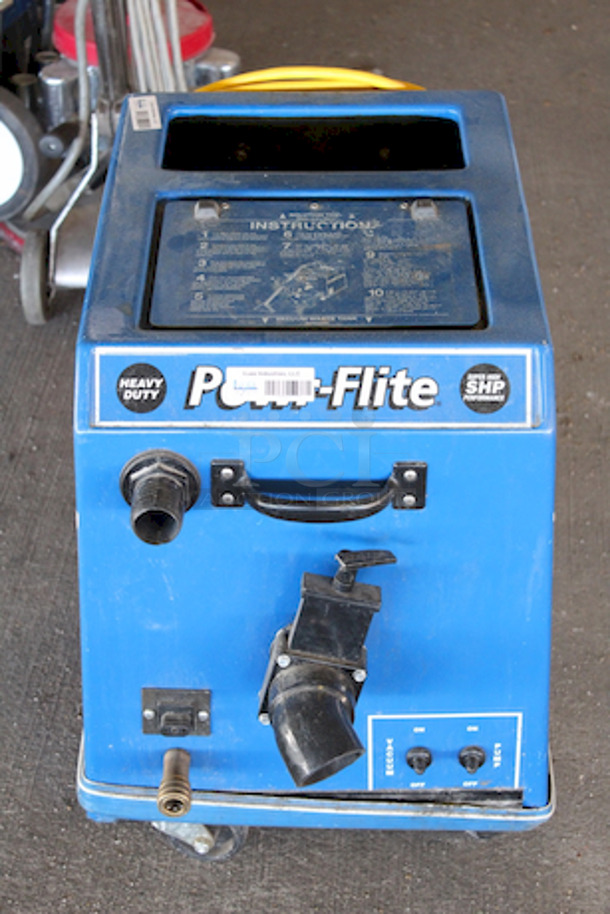 Powr-Flite PFX10S-NW, 120v. In Great Condition. 10 Gallon solution capacity, 100 p.s.i. pump, Swivel casters and front and rear carry handles for added maneuverability, loading and unloading
Independent motor and pump switches
Electrical receptacle for powered accessories.  