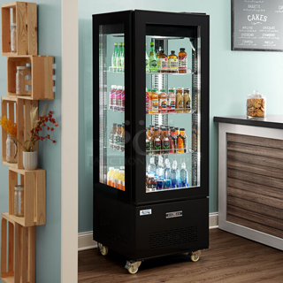 BRAND NEW SCRATCH & DENT! Avantco GD4C-15-HC Black 4-Sided Glass Refrigerated Display Case. 115v TESTED. IN PERFECT WORKING ORDER. SN:1447801050020 25-1/2 x 25-1/2x74-13/16 Exterior Glass on Back Of Unit Is Damaged. Interior Glass Is Undamaged 