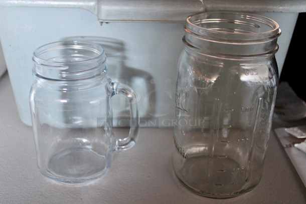 BUS TUB FULL! Pint Size Jar Glasses With Handles and Quart Size Regular Mouth Glass Mason Jars & Bus Tub. (9) Pint Size; (5) Quad Size 15x Your Bid