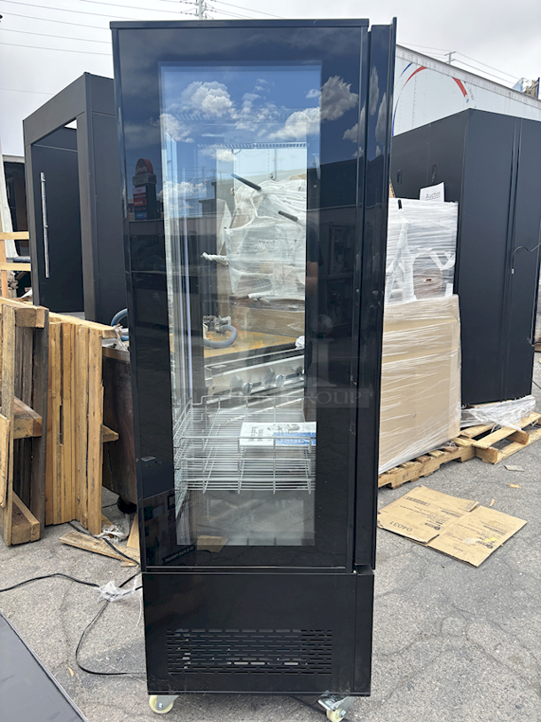 BRAND NEW SCRATCH & DENT! Avantco GD4C-15-HC Black 4-Sided Glass Refrigerated Display Case. 115v TESTED. IN PERFECT WORKING ORDER. SN:1447801050020 25-1/2 x 25-1/2x74-13/16 Exterior Glass on Back Of Unit Is Damaged. Interior Glass Is Undamaged  - Image 8 of 8