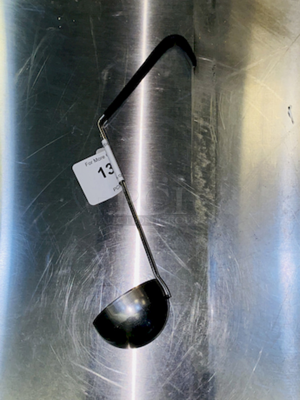 AMAZING!! Vollrath 58044 4 oz. Two-Piece Stainless Steel Ladle with Black Kool-Touch® Handle.

Overall Dimensions:
Handle Length: 12 5/8" 
Bowl Diameter: 3 5/16" 
Capacity: 4 oz.
 - Image 2 of 3
