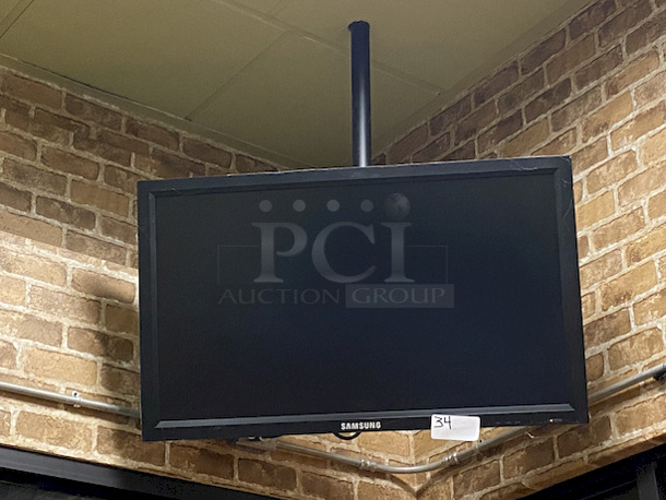 NICE! Samsung 40" Monitor With Ceiling Mount. 
Use for In-Store Promotion and Media. 

Includes all cords.  - Image 1 of 1