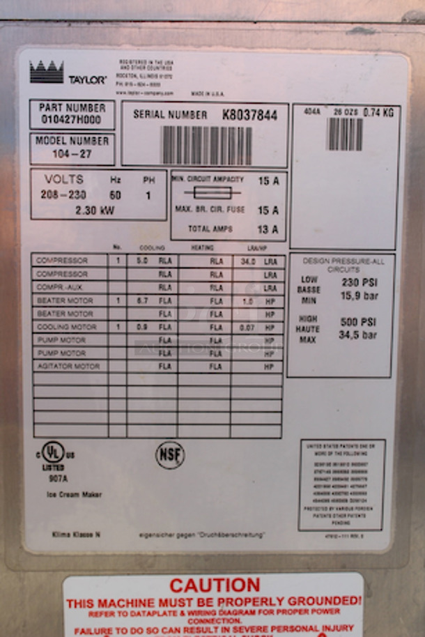 OUTSTANDING! Taylor Soft Serve Model 104-27 208-230v, 60hz - Image 5 of 7