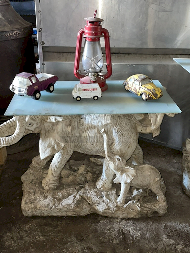 AWESOME! 3 Elephant Base Tables With Glass Tops With Vintage Cars and Lanterns. 3x Your Bid - Image 5 of 6