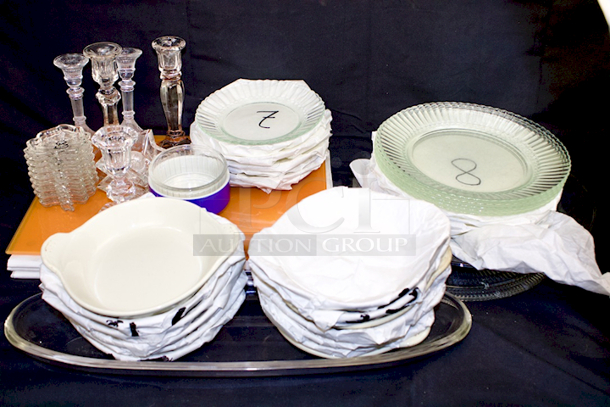 OUTSTANDING!! 52 Piece Glass and Ceramic Serving Set. (4) Orange Glass Patters, (5) Glass Candle Holders, (13) Hall China by Steelite International HL4340ABWA 12 oz. Round Bright White China Au Gratin / Shirred Egg Dish, (2) Glass Serving Dishes, (1) Oval Glass Serving Dish, (2) Ceramic Bowls, (2) Glass Star Candle Holders, (8) Vintage Glass Leaf Dishes - Image 1 of 12