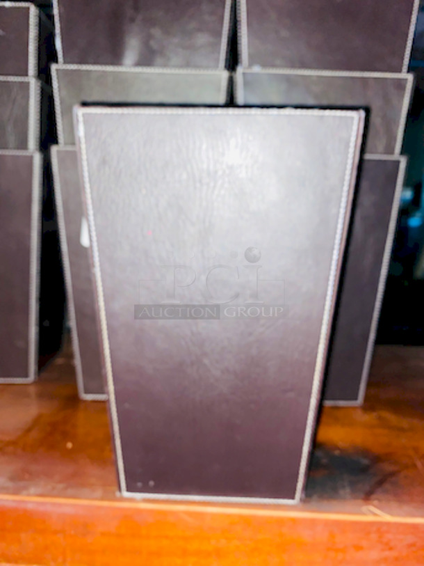 Huge Lot of 13 Decorative Faux Leather Waste Receptacles + Wood Stand on Commercial Casters.  - Image 2 of 4