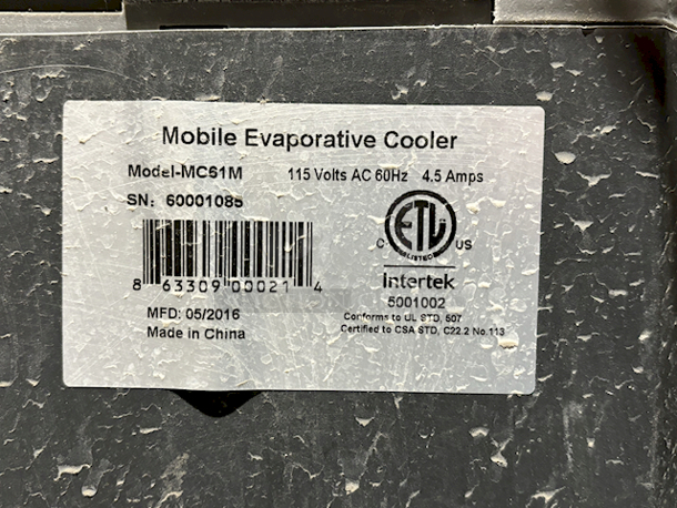SWAMP COOLER! Hessaire Portable Evaporative Cooler MC61M, 5300 CFM. 115V, 14.6 gal Tank Capacity, 3.6 gal/hr, 5/16HP In Perfect Working Order. 17x28x46 53 lbs - Image 4 of 6