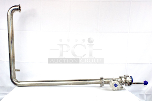 NEW/NEVER USED  1-1/2” Tri-Clamp CIP Arm With ¼” Hose Barb For Sight Glass Tubing (At Top), .”T” Valve With 1/4" NPT Fitting For Pressure Valve, 1-1/2” Tri-Clamp Butterfly Valve Drain.  - Image 1 of 5