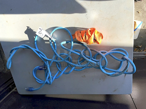 NICE! Extra Long blue Extension Cord & Ratchet Tie Down.  - Image 1 of 1