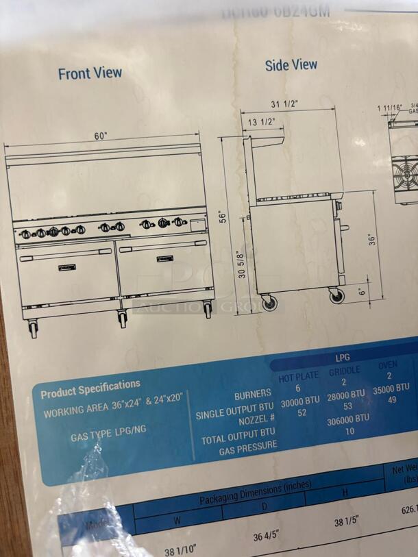BRAND NEW SCRATCH -N- DENT STILL IN THE BOX Dukers DCR60-6B24GM 60″ Commercial Gas Range, Six Open Burners, 24″ Griddle - Image 2 of 5