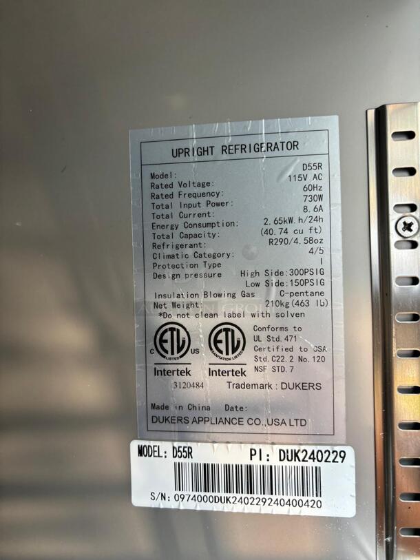 Dukers Commercial Reach In Refrigerator D55R STAINLESS STEEL
 - Image 5 of 5