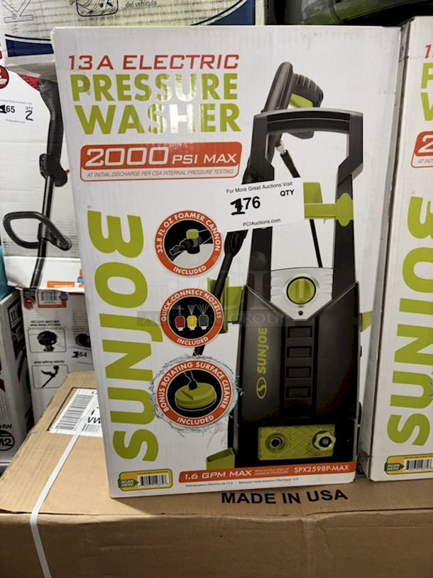 SUNJOE SPX2598P-MAX 2000 PSI 13 Amp ELECTRIC PRESSURE WASHER. Includes: 33.8 Fl Oz foam Cannon, Quick Connect Nozzles, Bonus Rotating Surface Cleaner, 1.6 GPM Max.  - Image 1 of 1