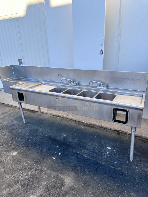 Krowne Metal 100 inch Wide Stainless Steel  4 Compartment Bar Sink w/ Two 12 inch Drainboards NSF With Back Splash