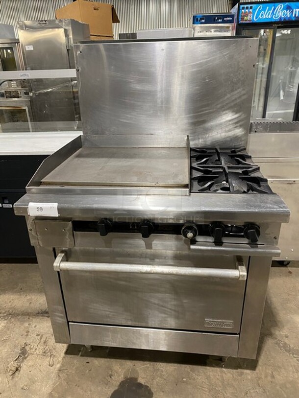 Therma-Tek Natural Gas Powered 2 Burner Range Split Top With Flat Griddle & Oven Underneath! All Stainless Steel! With Back Splash! On Legs! Model TMDS36-24G-2-1N SN: 11K02659C!
 - Image 1 of 11