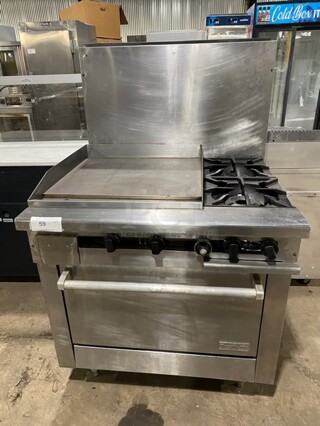 Therma-Tek Natural Gas Powered 2 Burner Range Split Top With Flat Griddle & Oven Underneath! All Stainless Steel! With Back Splash! On Legs! Model TMDS36-24G-2-1N SN: 11K02659C!
