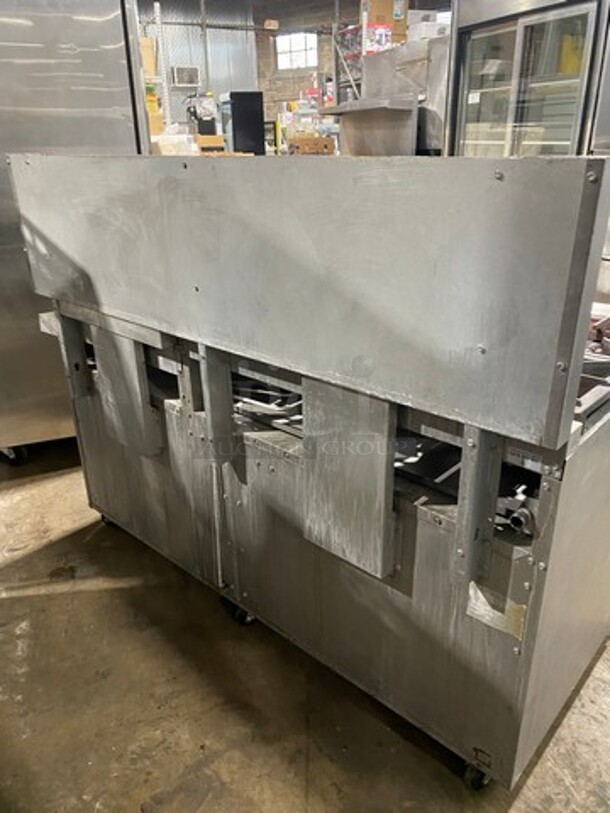 Patriot Commercial Natural Gas Powered 6 Burner Stove With Flat Griddle! Flat Griddle Has Side Splashes! With Raised Back Splash! With 2 Oven Underneath! Metal Oven Racks! All Stainless Steel! On Casters! WORKING WHEN REMOVED! - Image 4 of 12