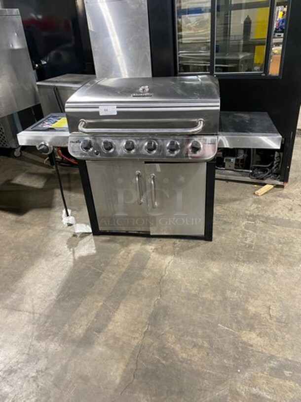 AWESOME! Char Broil Gas Powered Outdoor 6 Burner BBQ Grill! With Left Side Single Burner! Right Side Table! Hinged Lid! With Cabinet Storage Space Underneath!