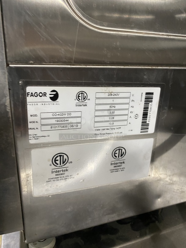 SWEET! FAGOR 2019 Underbar Dishwasher! Model CO-402W DD Serial 8101770835 208-240V/60Hz/1 Phase - Image 5 of 9