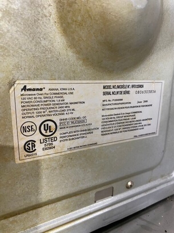 Amana Commercial Countertop Microwave Oven! Stainless Steel! Model: RFS12SW2A SN: 0806303836 120V 60HZ 1 Phase - Image 5 of 8