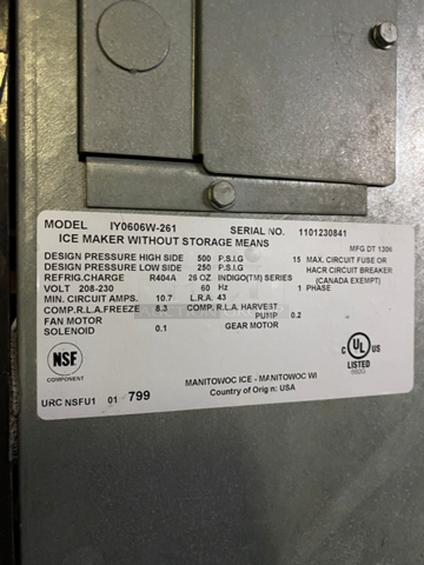 Manitowoc Commercial Ice Machine Head! On Commercial Ice Bin! All Stainless Steel! 2x Your Bid Makes One Unit! Model: IY0606W261 SN: 1101230841 208/230V 60HZ 1 Phase - Image 7 of 8