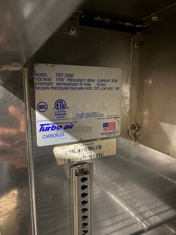 Turbo Air Commercial Refrigerated Sandwich Prep Table! With Double Overhead Shelf! With 3 Door Storage Space Underneath! All Stainless Steel! On Casters! Model: TST72SD 115V - Image 7 of 10