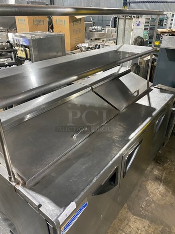 Turbo Air Commercial Refrigerated Sandwich Prep Table! With Double Overhead Shelf! With 3 Door Storage Space Underneath! All Stainless Steel! On Casters! Model: TST72SD 115V - Image 9 of 10