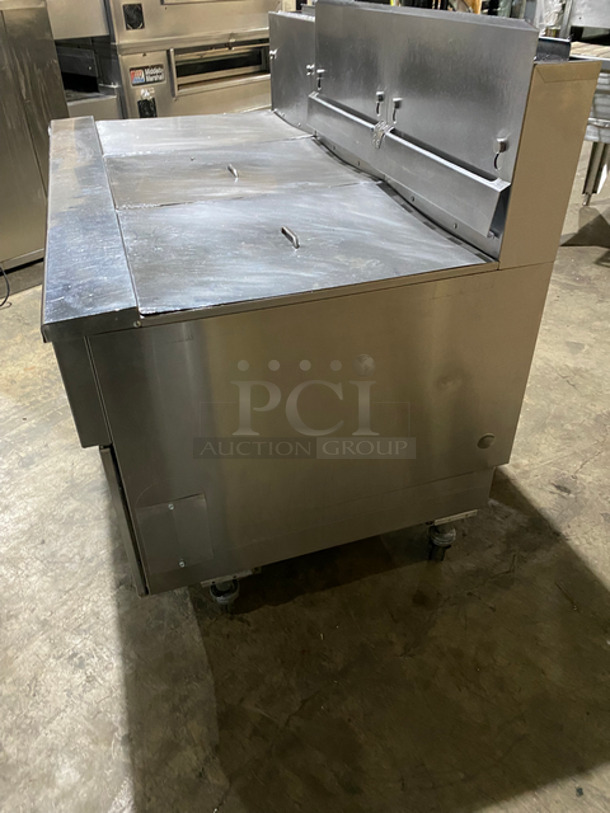 SWEET! Pitco Frialator Commercial Natural Gas Powered 3 Bay Deep Fat Fryer! With Backsplash! With Fryer Covers! All Stainless Steel! On Casters! Working When Removed! Model: SSH60W SN: G13LC064141 115V 50/60HZ - Image 2 of 12