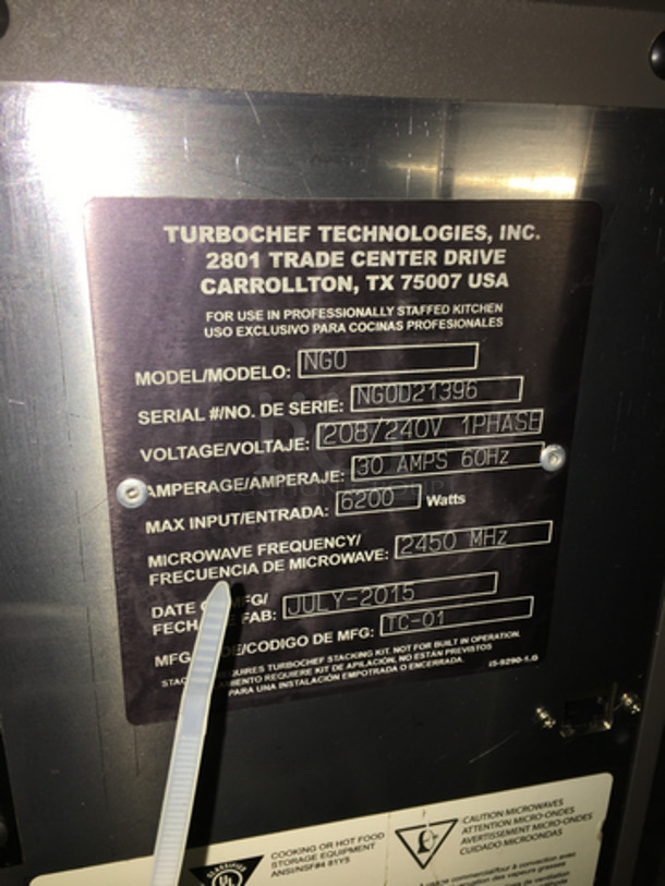 NICE! 2015 Turbo Chef Commercial Countertop Rapid Cook Oven! On Legs! Model: NGO SN: NGOD21396 208/240V 60hz 1 Phase - Image 5 of 9