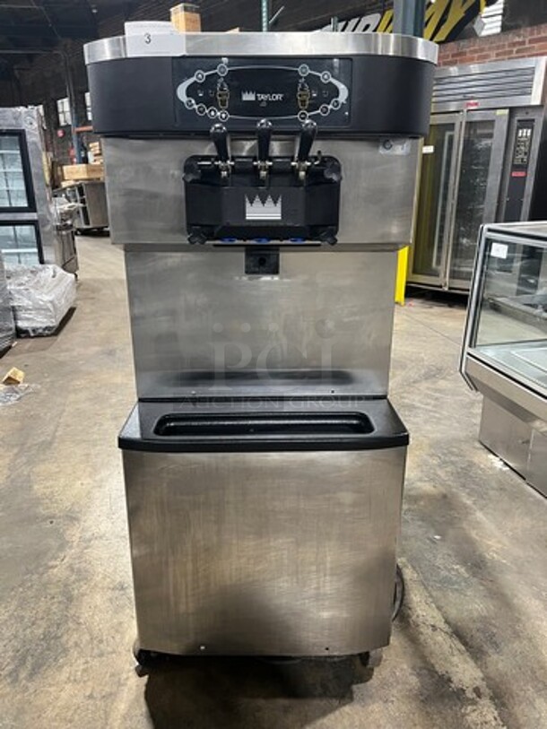 WOW! Taylor Crown Commercial 3 Handle Soft Serve Ice Cream Machine! All Stainless Steel! On Casters! Model: C713-33 SN: M0072951 208/230V 60HZ 3 Phase