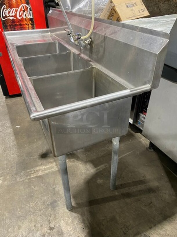 Commercial 3 Compartment Dish Washing Sink! With Single Side Drain Board! With Jet Spray Assembly! With Back Splash! On Legs! - Image 2 of 7
