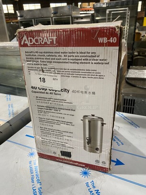 NEW! IN THE BOX! Adcraft Commercial Countertop Water Boiler/ Hot Water Dispenser! 40 Cup Capacity! Stainless Steel! Model: WB40 120V - Image 1 of 9