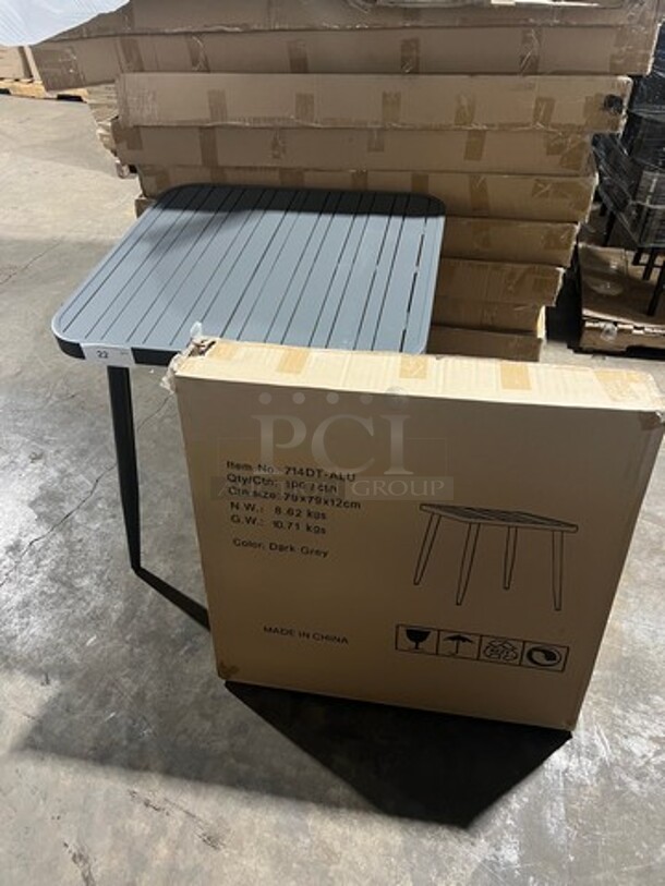 Brand New In The Box! DT All Alluminum Dark Gray Slats Dining Table! 30" By 30" With Legs! Perfect For Outdoors!  - Image 1 of 5