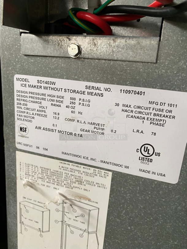 Manitowoc Commercial Water-Cooled Ice Maker Machine Head! All Stainless Steel! Model: SD1403W SN: 110970401208/230V 60HZ 1 Phase - Image 6 of 9