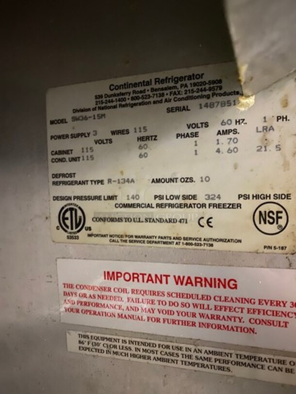 Continental Commercial Refrigerated Sandwich Prep Table! With 2 Door Underneath Storage Space! All Stainless Steel! On Casters! Model: SW3615M SN: 1487851 115V 60HZ 1 Phase! Working When Removed!  - Image 8 of 10