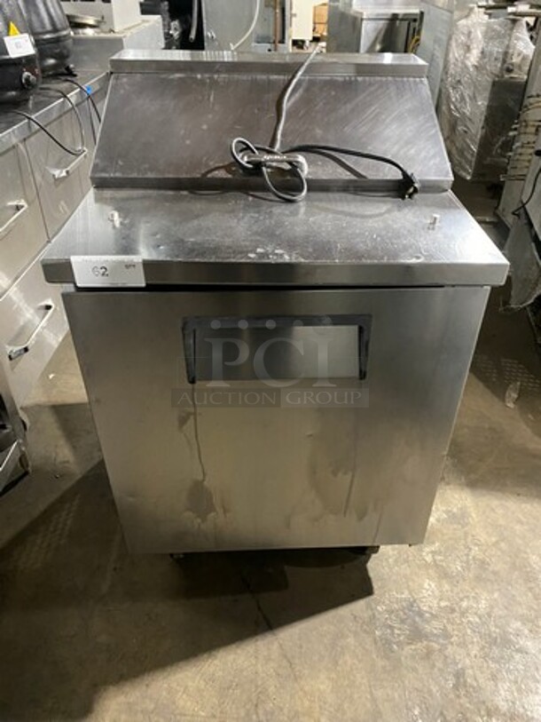 True Commercial Refrigerated Sandwich Prep Table! With Single Door Storage Space Underneath! All Stainless Steel! On Casters! Model: TSSU2708 SN: 7291611 115V 60HZ 1 Phases