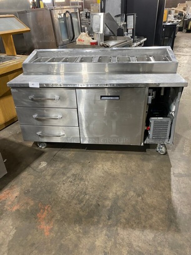 Randell Commercial Refrigerated Pizza Prep Table! With Single Door Storage Space! With 3 Drawers Underneath! All Stainless Steel! On Casters! Model: 8268N 115V 60HZ 1 Phase