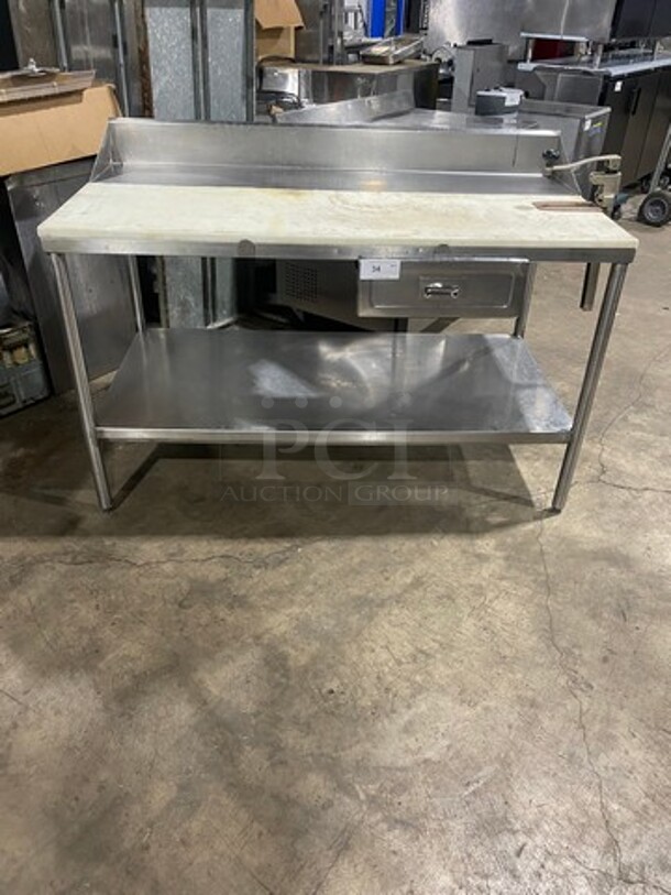 NICE! Solid Stainless Steel Work Top/ Prep Table! With Commercial Cutting Board! With Back Splash! With Mounted Can Opener! With Storage Space Underneath! On Legs!