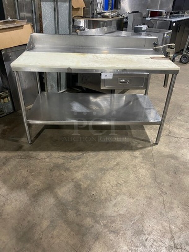 NICE! Solid Stainless Steel Work Top/ Prep Table! With Commercial Cutting Board! With Back Splash! With Mounted Can Opener! With Storage Space Underneath! On Legs! - Image 1 of 9
