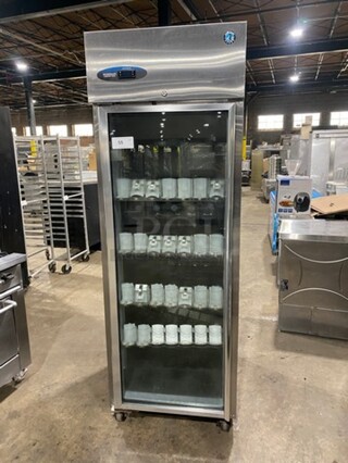 Hoshizaki Commercial Single Door Reach In Cooler! With View Through Door! Poly Drink Racks! Stainless Steel Body! On Casters! Model: CR1SFGECL SN: H50277E 115V 60HZ 1 Phase