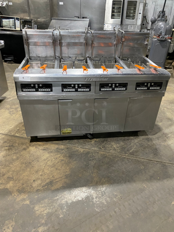 GREAT! Frymaster Commercial Natural Gas Powered 4 Bay Deep Fat Fryer! With 8 Metal Frying Baskets! With Oil Filter System! All Stainless Steel! On Casters! Model: FPP445EBLCSD SN: 0904GQ0016
