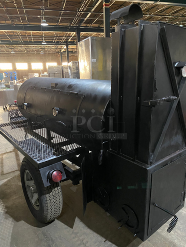 AMAZING FIND! Lang Commercial 60 Deluxe BBQ Smoker Cooker On Mobile Trailer Frame! With Firewood Rib Box! With Warmer Box And 4 Racks! - Image 4 of 12