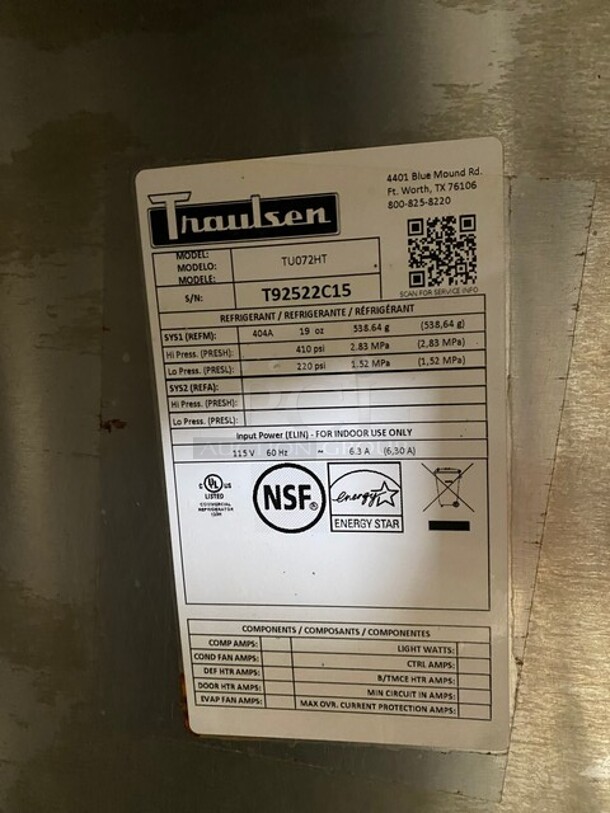 Traulsen 2 Door Heavy Duty Lowboy/Worktop Cooler! Model TUC72HT Serial T92522C15! 115V 1 Phase! On Legs!  - Image 6 of 9