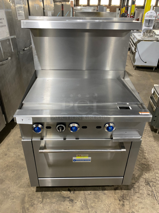 BRAND NEW! NEVER USED! LATE MODEL! 2021 Standard Range Commercial Natural Gas Powered Flat Top Griddle! With Side Splashes, Raised Back Splash And Salamander Shelf! All Stainless Steel! On Legs! Model: SRR3636MG SN: 210304024