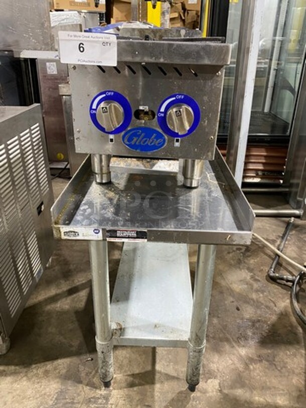 LATE MODEL! 2018 Globe Commercial Countertop Gas Powered 2 Burner Hot Plate Range! All Stainless Steel! On Equipment Stand! With Storage Space Underneath! On Legs! Model: GHP12G! Working When Removed!