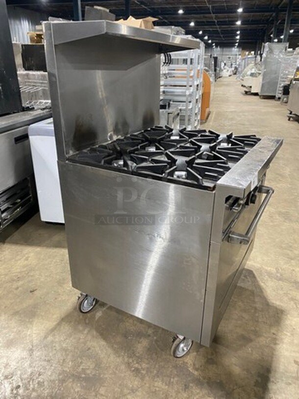 Sunfire Commercial Natural Gas Powered 6 Burner Stove! With Raised Back Splash And Salamander Shelf! With Oven Underneath! All Stainless Steel! On Casters! Working When Removed!  - Image 2 of 10