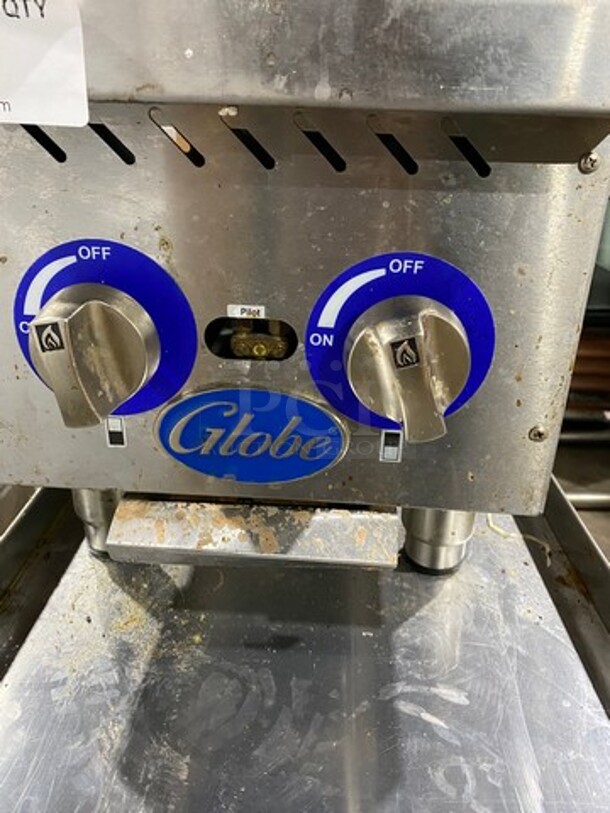 LATE MODEL! 2018 Globe Commercial Countertop Gas Powered 2 Burner Hot Plate Range! All Stainless Steel! On Equipment Stand! With Storage Space Underneath! On Legs! Model: GHP12G! Working When Removed! - Image 6 of 12